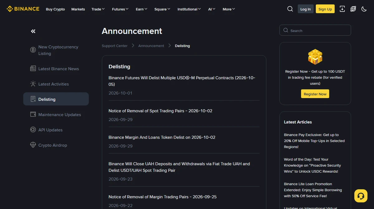 The Delisting category of Binance's announcement centre, listing a futures perpetual delist, a removal of spot trading pairs, a margin and loans token delist and a fiat channel closure one after another