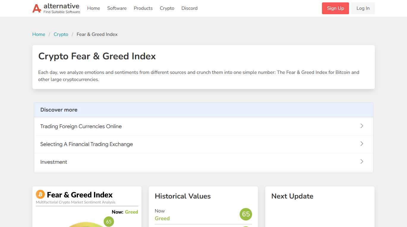 alternative.me 的 Crypto Fear and Greed Index 页面，显示当前读数 65 对应 Greed，右侧为历史数值与下次更新时间