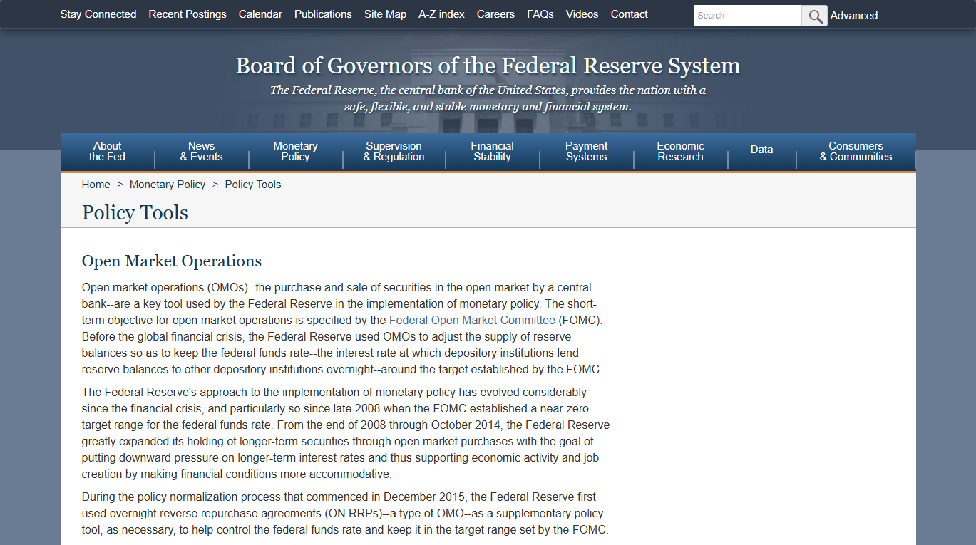 美联储官网 Policy Tools 页面的 Open Market Operations 章节，说明公开市场操作与联邦基金利率目标区间的关系